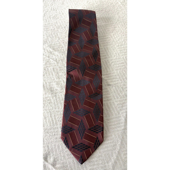 Villa Bolgheri Luxury Classic Width Red Burgundy Geometric Pattern 100% Silk Tie - Picture 1 of 2